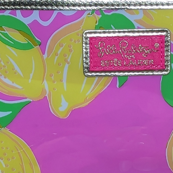 Lilly Pulitzer For Estee Lauder Makeup Bag Pink Lemon Yellow Zip Top PVC - Picture 3 of 5